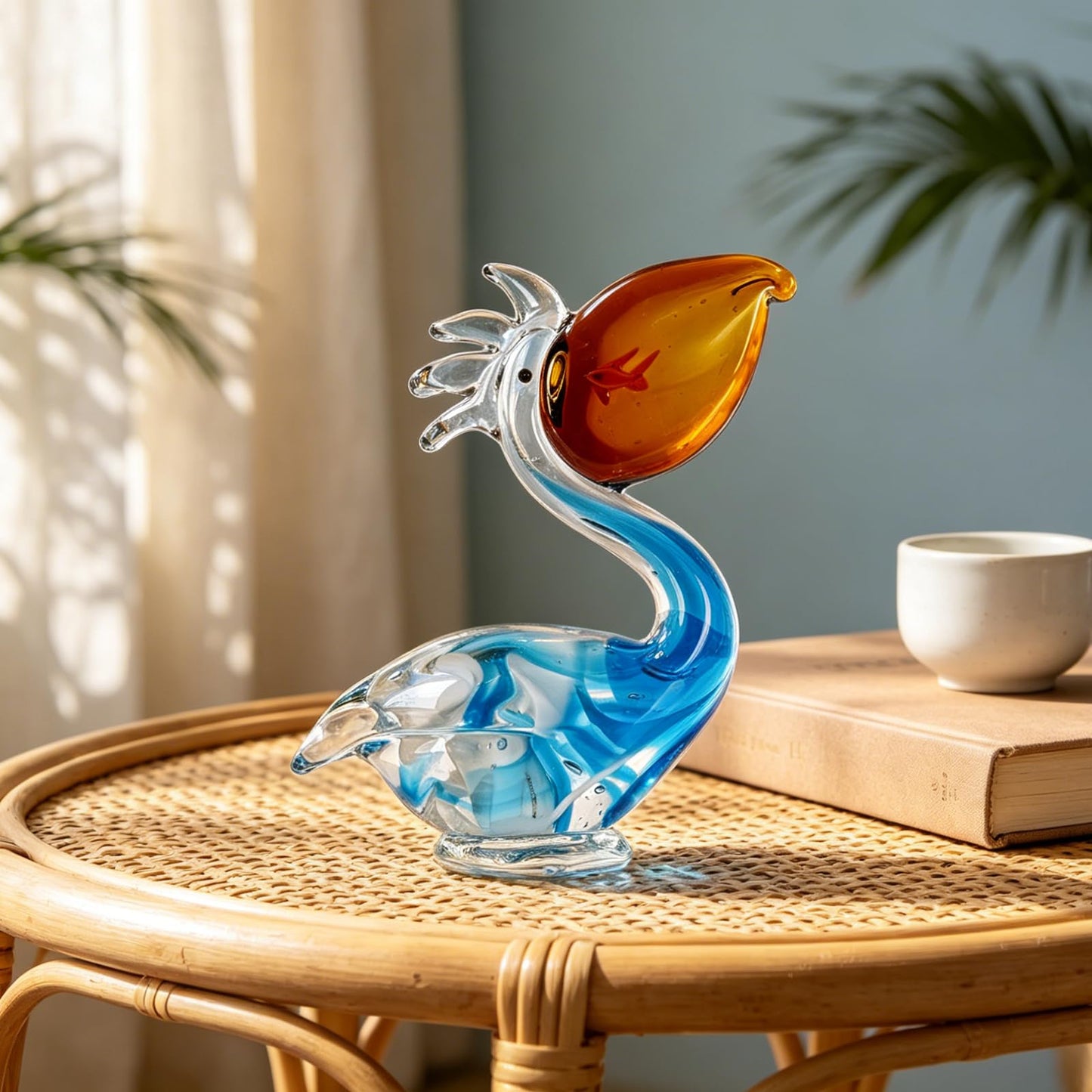 LINYTHER Pelican Figurine, Hand Blown Glass Pelican Figurine Coastal Bird Animal Statue Sculpture for Beach Nautical Home Decor, Art Glass Pelican Ornament for Shelf Tabletop, Gifts for Women