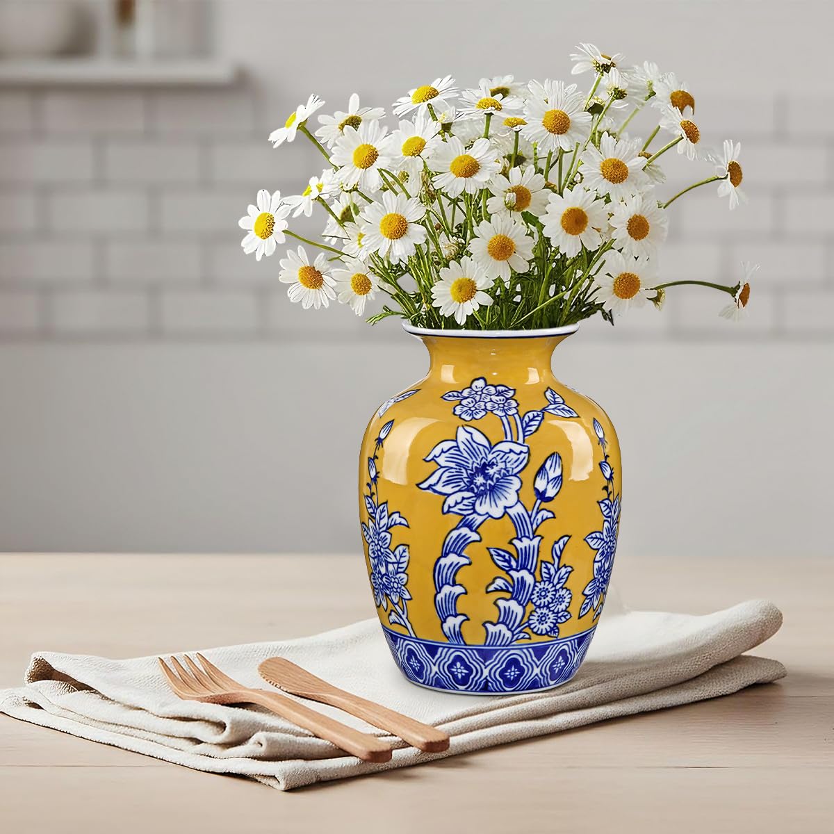 Blue and Yellow Ceramic Vase, 8.4" Tall Chinoiserie Flower Vase Decor with Wide Mouth, Royal-Inspired Decorative Porcelain Vases for Centerpieces, Table, Shelf & Home Decor, Wedding, Housewarming Gift