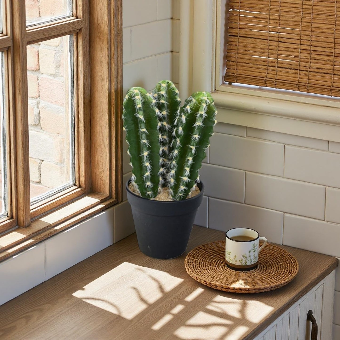 Rmisk 9.45 Inch Artificial Cactus Plants in Pots - Small Faux Cacti & Succulents for Indoor Decor - Fake Cactus Plants for Home, Office Desk & Shelf Decorations (Green Black Pot)