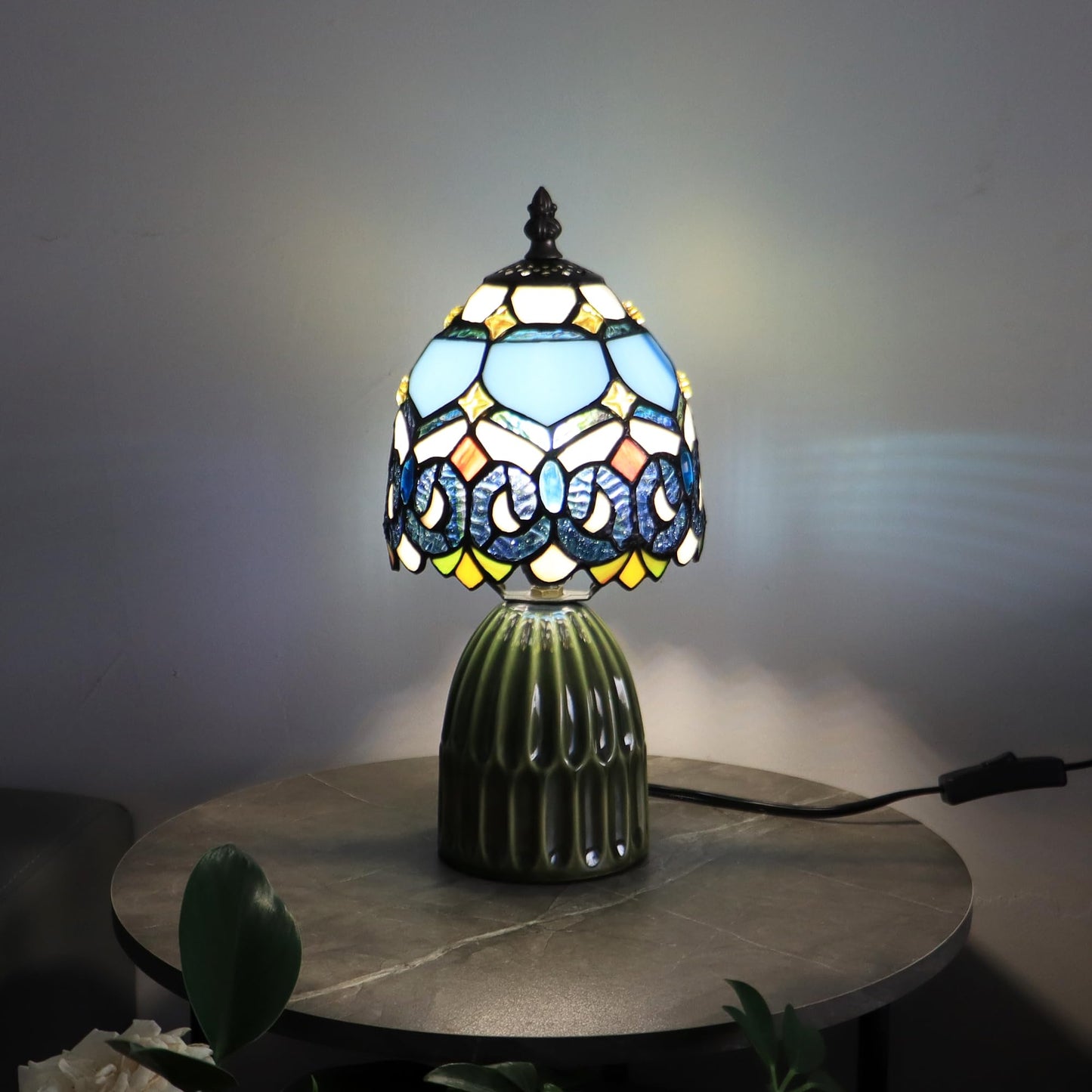 HTDSC Tiffany Stained Glass Table Lamp Blue Crystal Baroque 12.5 Inch