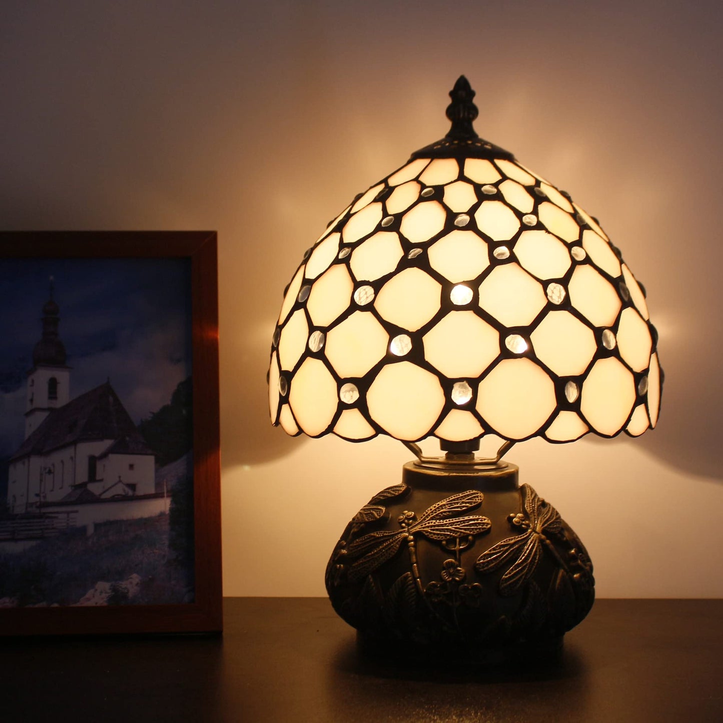 SYETL Small Tiffany Lamp Mini Stained Glass Table Lamp Cream Pearl Beads Style Mushroom Desk Light Memory Sympathy Lamp 8X11 Inch