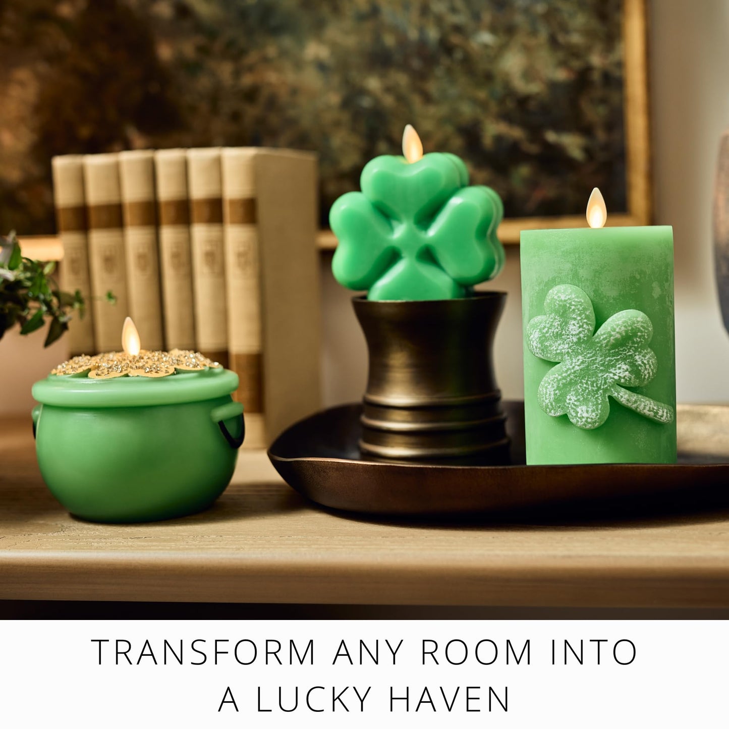 Luminara 4-Leaf Clover Candle - Flickering Real-Flame Technology- Flameless LED- Remote Ready- Classic Green St. Patrick's Day Shamrock- 3.9" x 4.3"
