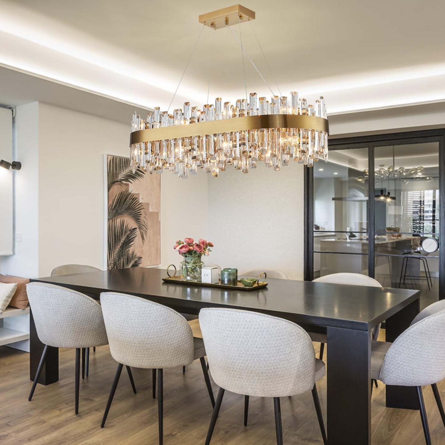 Siljoy Rectangle Gold Crystal Chandelier, 16-Light Modern Dimmable K9 Crystal Raindrop Chandelier, Adjustable Height Oval Crystal Pendant Ceiling Light for Living Dining Room Kitchen L35.4''