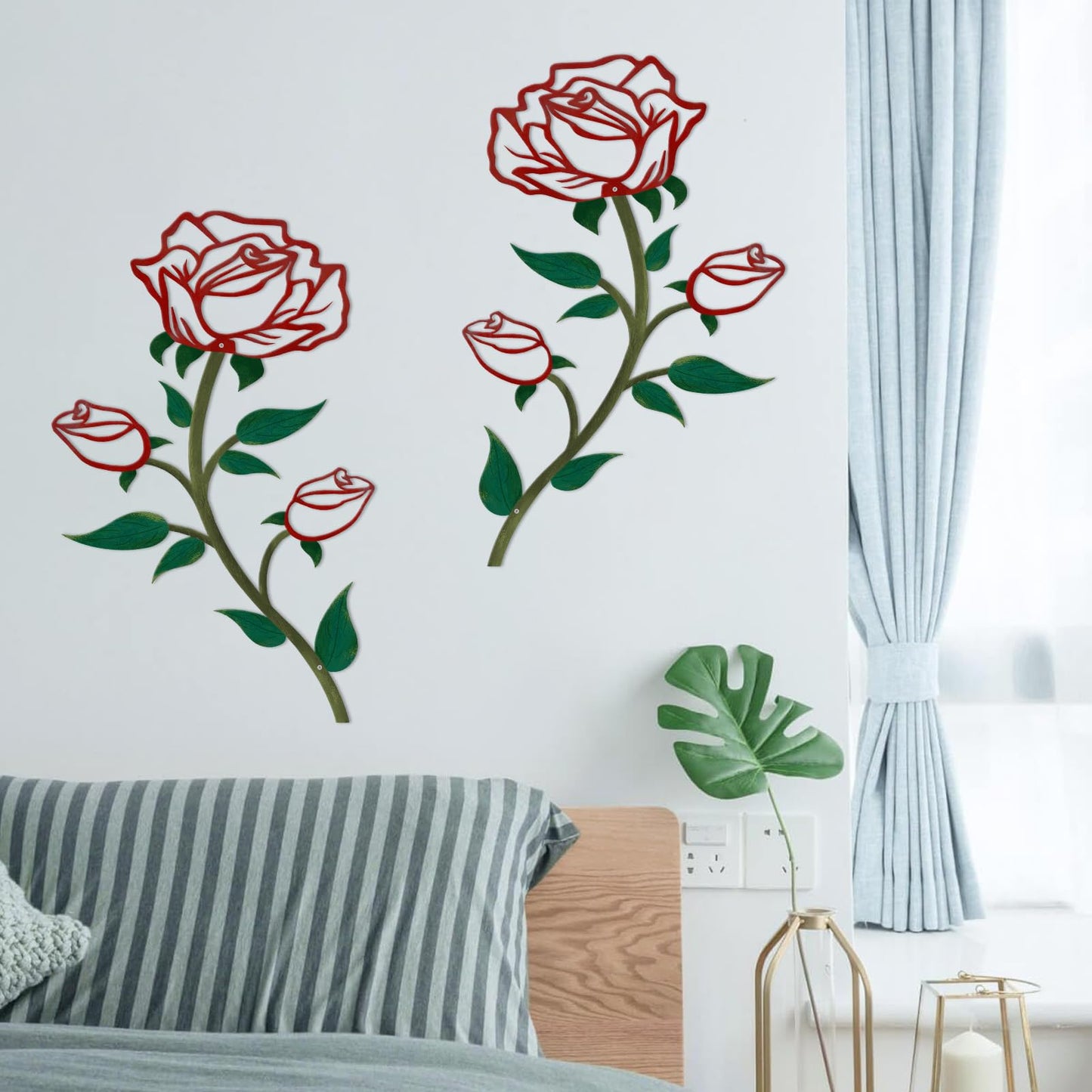 ESTART 2 Pcs Metal Rose Tree Leaf Wall Decor, 15“H Metal Cute Floral Wall Art, Rustic Hanging Sign Flowers Sculpture for Home Living Room Hallway Bedroom Bathroom (2 Pieces-Red Green)