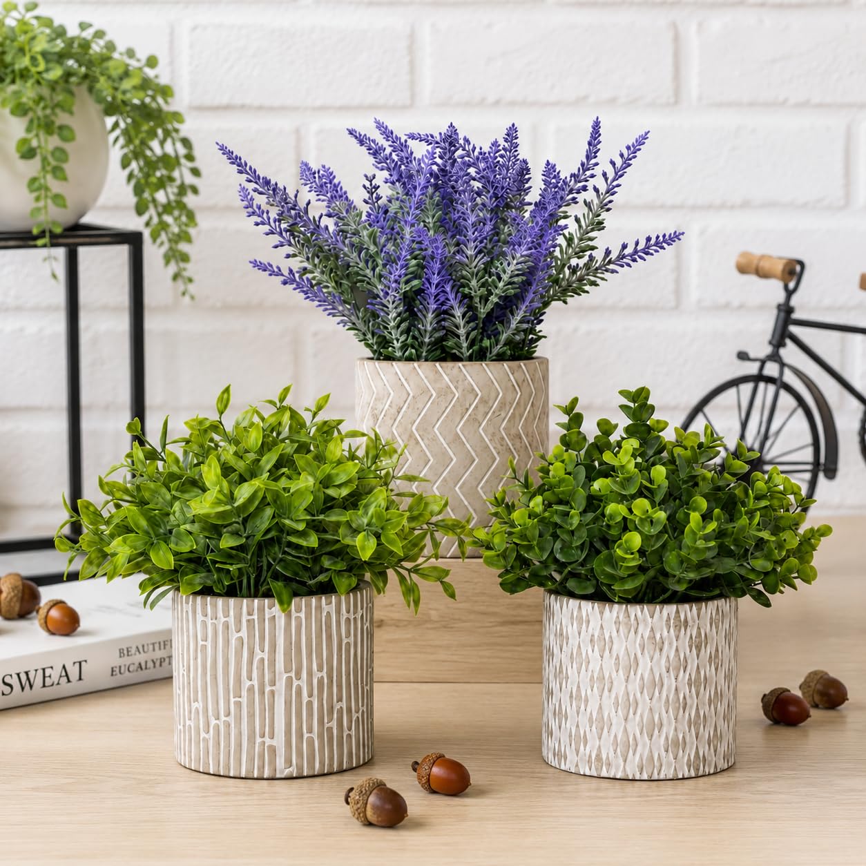 JOLLYMER Set of 3 Artificial Potted Plants, Faux Eucalyptus Lavender and Tea Tree Greenery in Cement Pots, Small Fake Plants for Shelf Bathroom Office Desk Decor