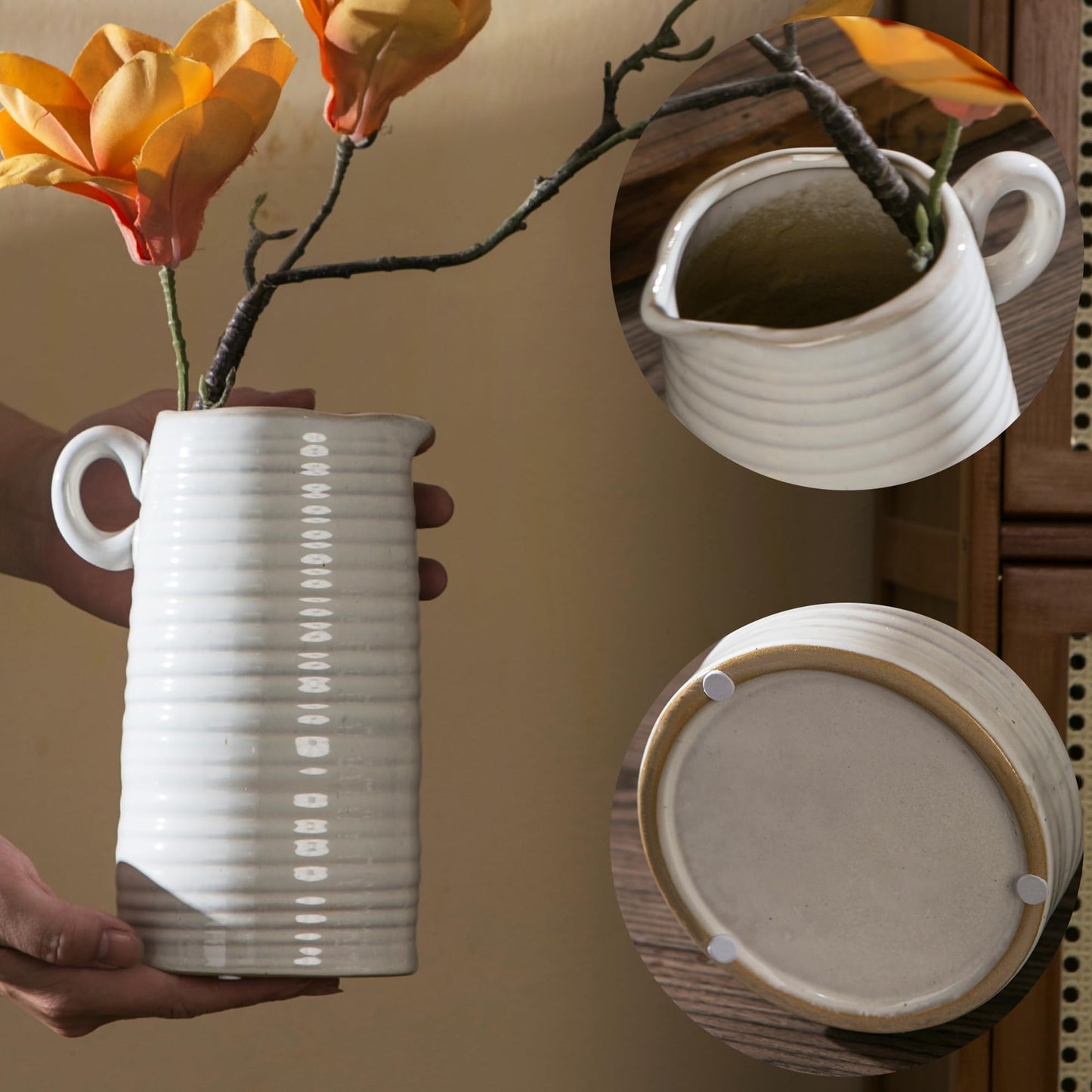 Kimdio White Ceramic Vase with Handle, Modern Farmhouse Pitcher Vases for Home Decor, Rustic Texture Pottery Vase, Decorative Flower Vase, Clay Vase, Centerpieces for for Living Room