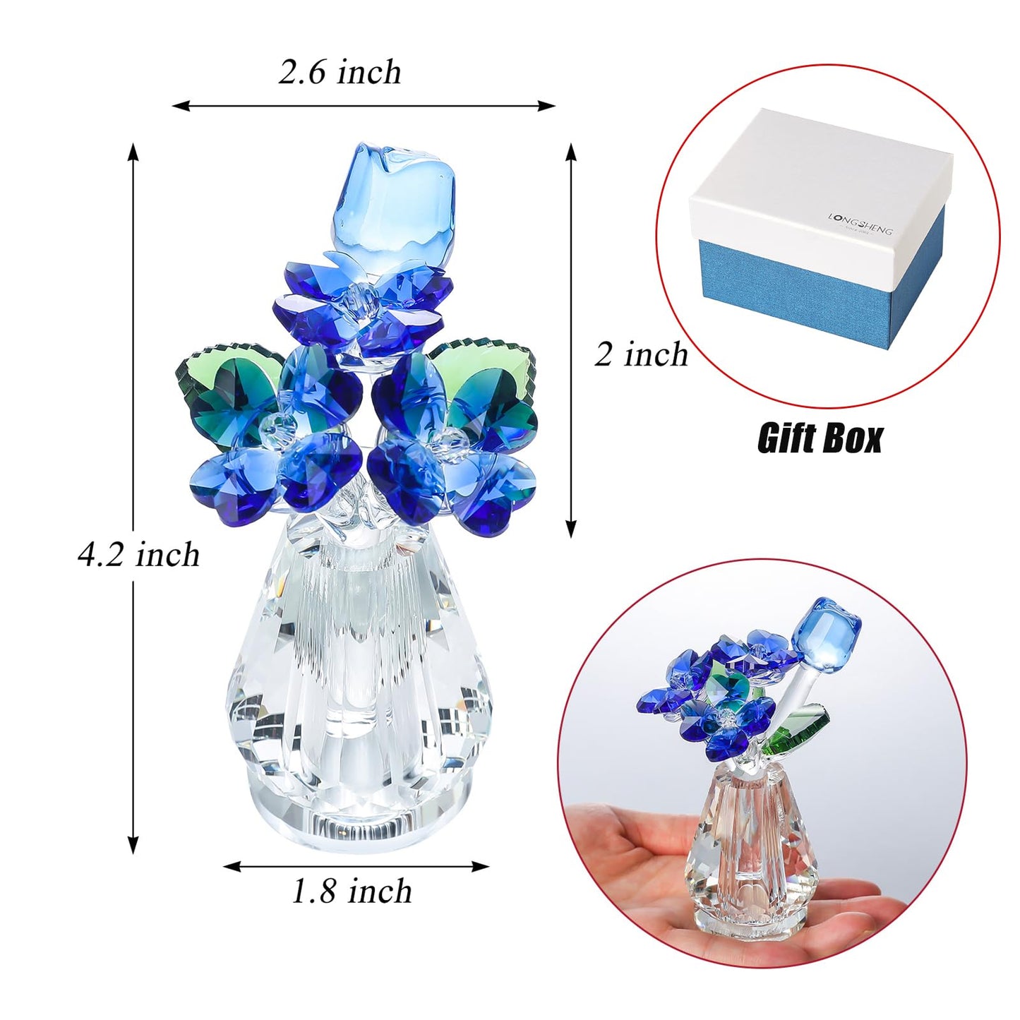 Crystal Rose Flower Figurine with Vase, Handmade Glass Flower Gifts for Woman, Wedding Gifts for Wife, Home Party Decorations (Blue)