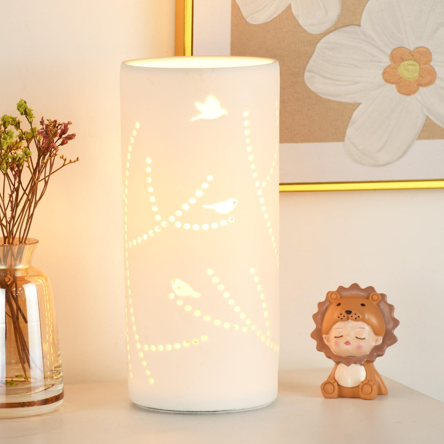 Lampwell Dana Small Modern Ceramic Table Lamp, White, 3.54H7.87IN, Bulb Excluded, Carving Tree