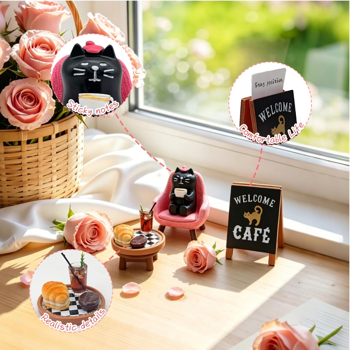 ChilArt 8pcs Resin Cat Office Decor,Cat Figures for Desk,Miniature Afternoon Tea Cat Figurines Set,Cute Coffee-Themed Desk Accessories,Cute Cats Gift for Cats Lovers