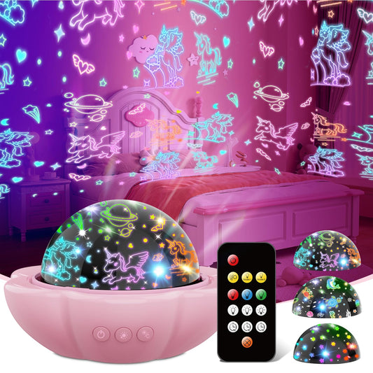 MINGKIDS Unicorn Girl Toys Age 3-10,Night Light Projector- Multi Colors Rotating Remote, 3 Films and Auto Timer, Christmas Stocking Stuffers Birthday Gifts for 5-7 Year Old Girls