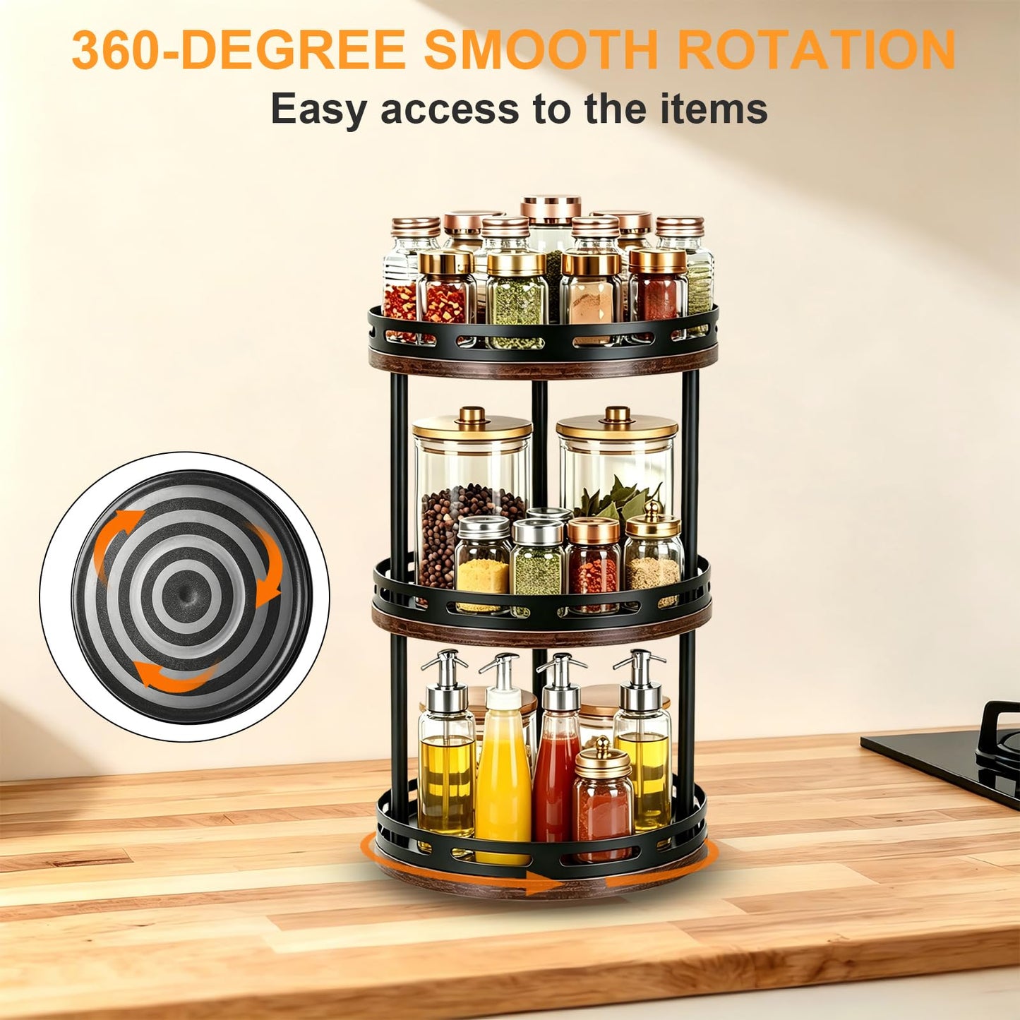 3 Tier Lazy Susan Organizer - 360° Rotating Spice Rack, Industrial Spinning Spice Rack, Versatile Wooden Lazy Susan Turntable for Kitchen Cabinet, Countertop, Pantry, Bathroom, Vanity