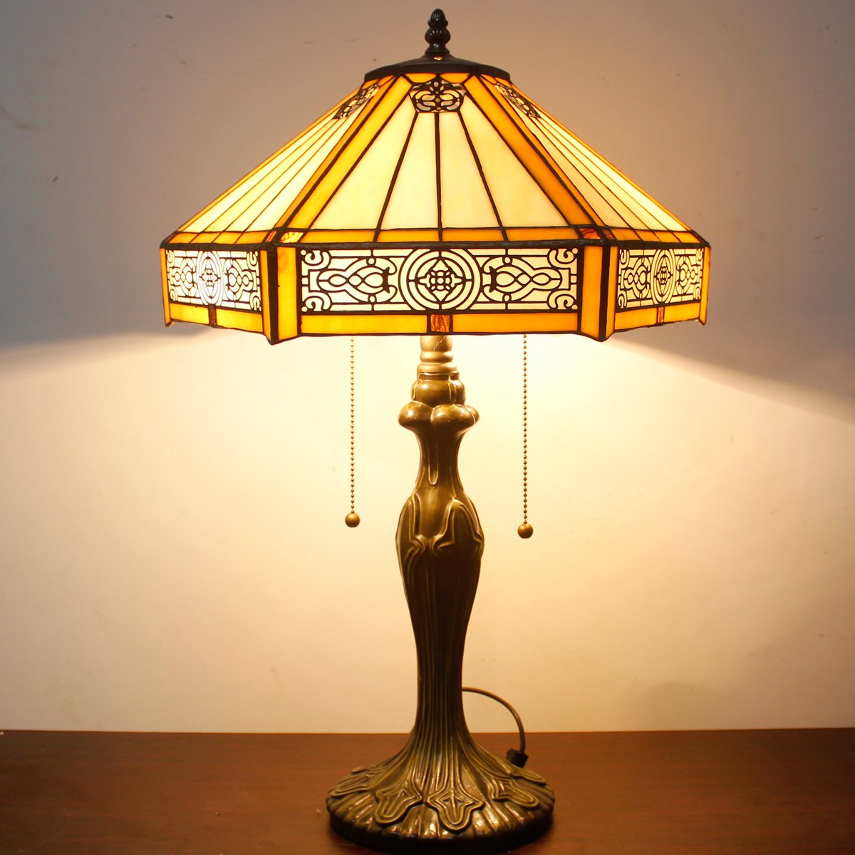 WERFACTORY Tiffany Table Lamp Yellow Hexagon Stained Glass Bedside Lamp