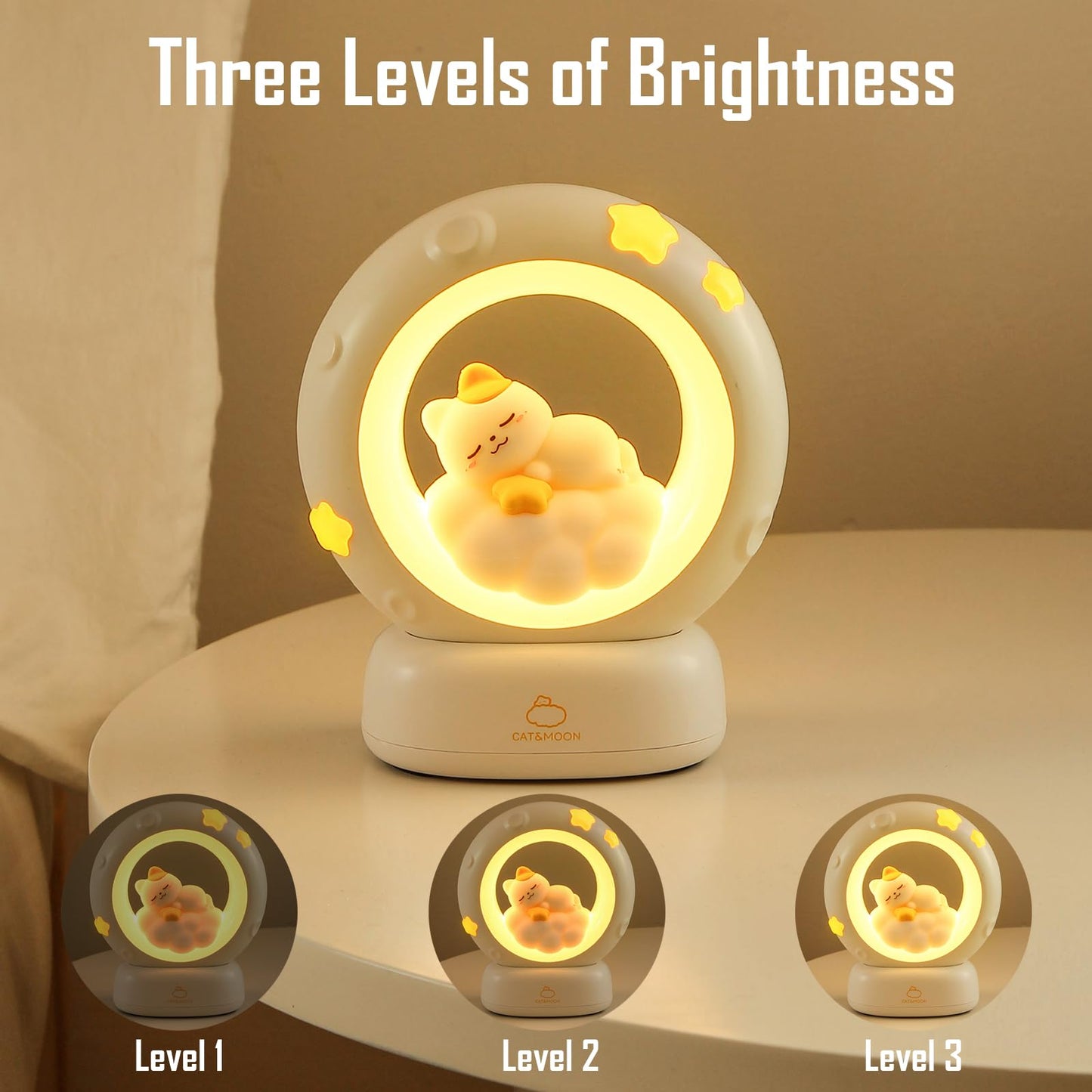 kvppvt Moon and Cat Rechargeable Night Light, Safe PVC and ABS Material, 3 Brightness Levels, Tap Control, Warm Light, Toddler Sleeping Lamp, Bedroom Night Lamp, Gift for Baby and Kid (Moon and Cat)