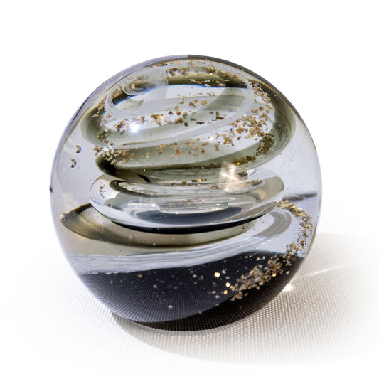 KWASVLYA Hand Blown Galaxy Crystal Ball Paperweight – Black Gold Art Crystal Decorative Sphere for Office Desk Decor, Unique Gift for Men & Space Lovers