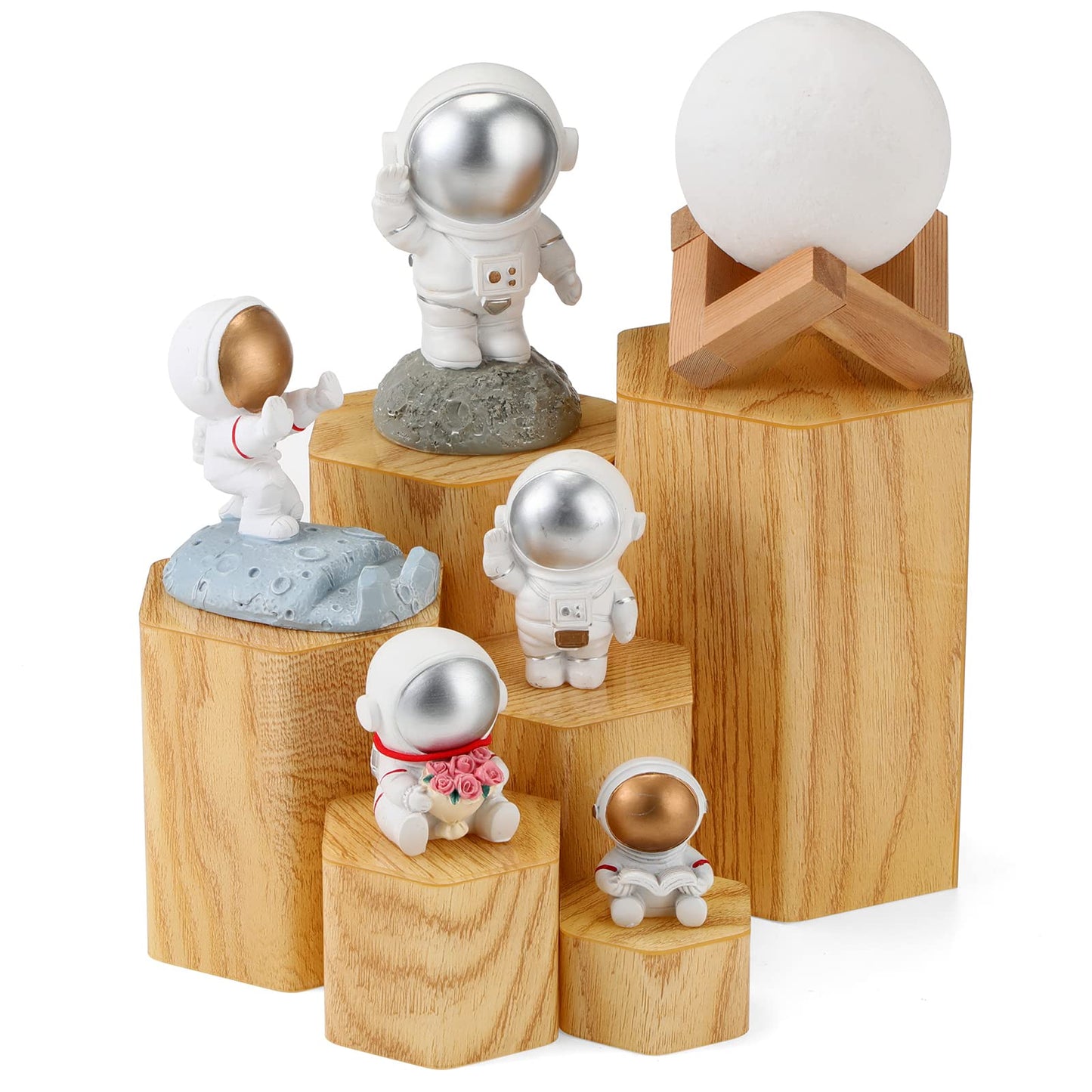 Jetec 12 Pcs Hexagonal Jewelry Display Risers Hexagonal Market Display Risers Stands Acrylic Showcase Acrylic Stand for Jewelry Model Figures Decoration, 6 Sizes (Woodgrain)