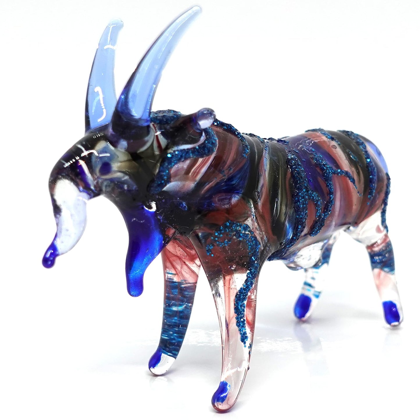 Sansukjai Goat Miniature Blown Glass Art Figurines Animals Hand Painted Collectible Gift Home Decorate (3 inches Blue Red)