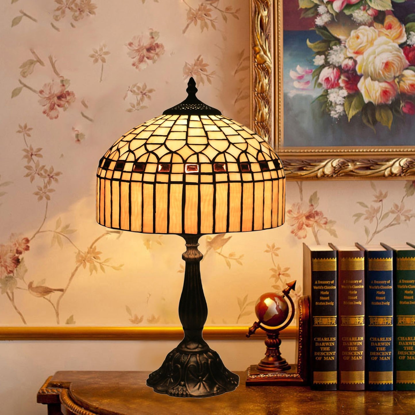 tuomoxte Tiffany Table Lamp, Gold Stripe Stained Glass Shade Bedside Table Lamps,Hand-Made Antique Nightstand Lamp for Bedroom Living Room Home Office+E26 LED Bulb,12X12X19 Inches