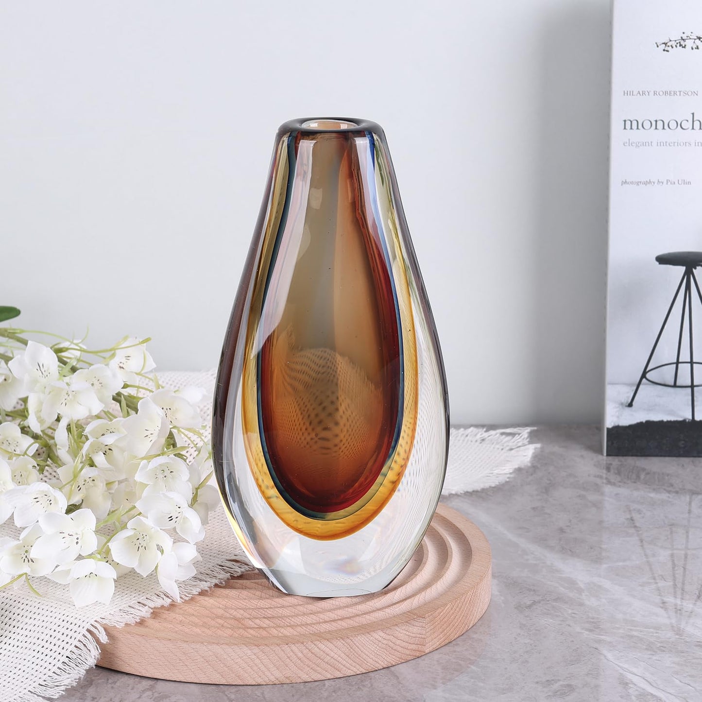 Hand Blown Glass Art vase, Unique Teal Glass Decorative vase, Shelf Decoration for Home Decor Home Living Room TV Stand Coffee Table Office Wedding Table Centerpiece.