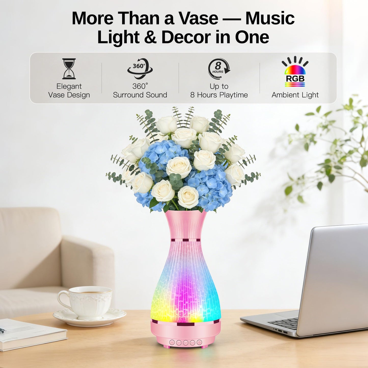 3-in-1 Vase Bluetooth Speaker With Ambient Light & White Noise, 8H Playtime, Water-Safe Flower Vase for Bedroom, Living Room Decor, Mother's Day,Birthday Gift for Women, Mom, Wife or Girlfriend