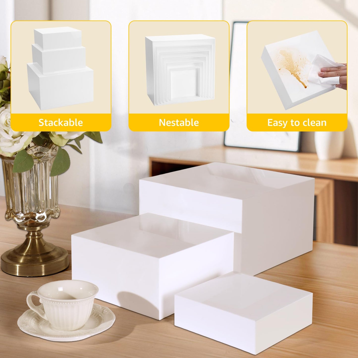 Acrylic Buffet Risers and Stands, Food Risers for Buffet Table, Food Display Stands for Party Catering Dessert Collectibles, White Acrylic Cube Nesting Boxes with Hollow Bottoms (White, 5IN-10IN)