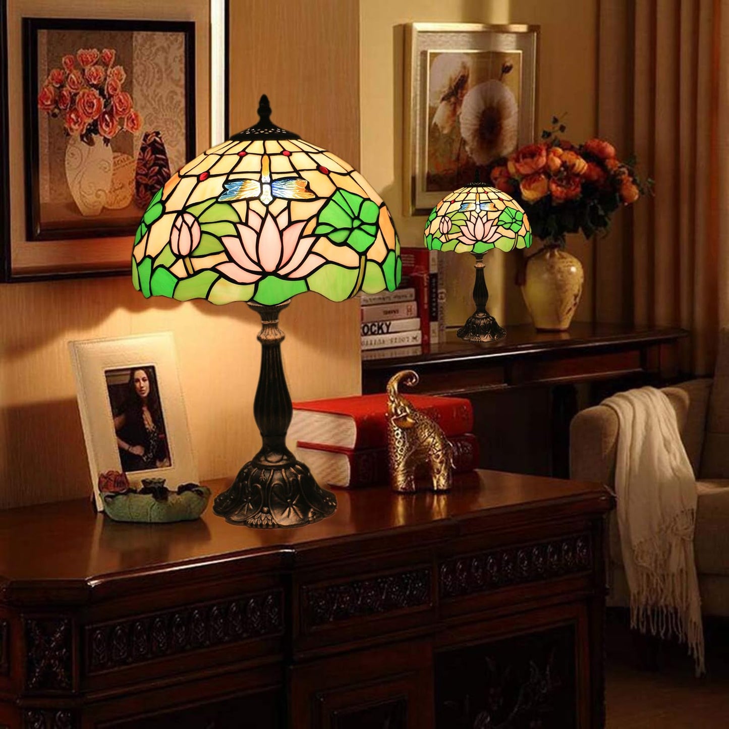 tuomoxte Tiffany Side Table Lamps for Living Room W/LED Bulb Lotus Flower Stained Glass Shade Bedside End Table Lamp 12X12X19Inch Desk Lamps for Home Office Classic Farmhouse Reading Table Lamps