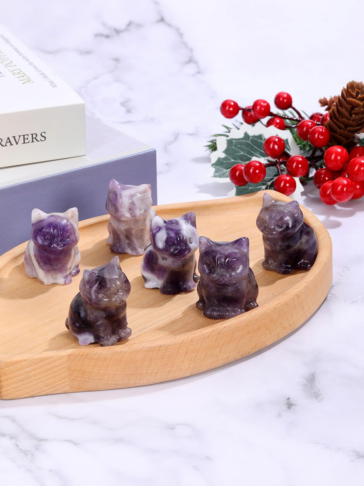 Top Plaza Healing Amethyst Crystal Cat Figurine Carved Lucky Cute Stone Cat Statue Decor for Home Office Desk Mini Gemstone Crystal Cat Gifts Christmas 1.5″