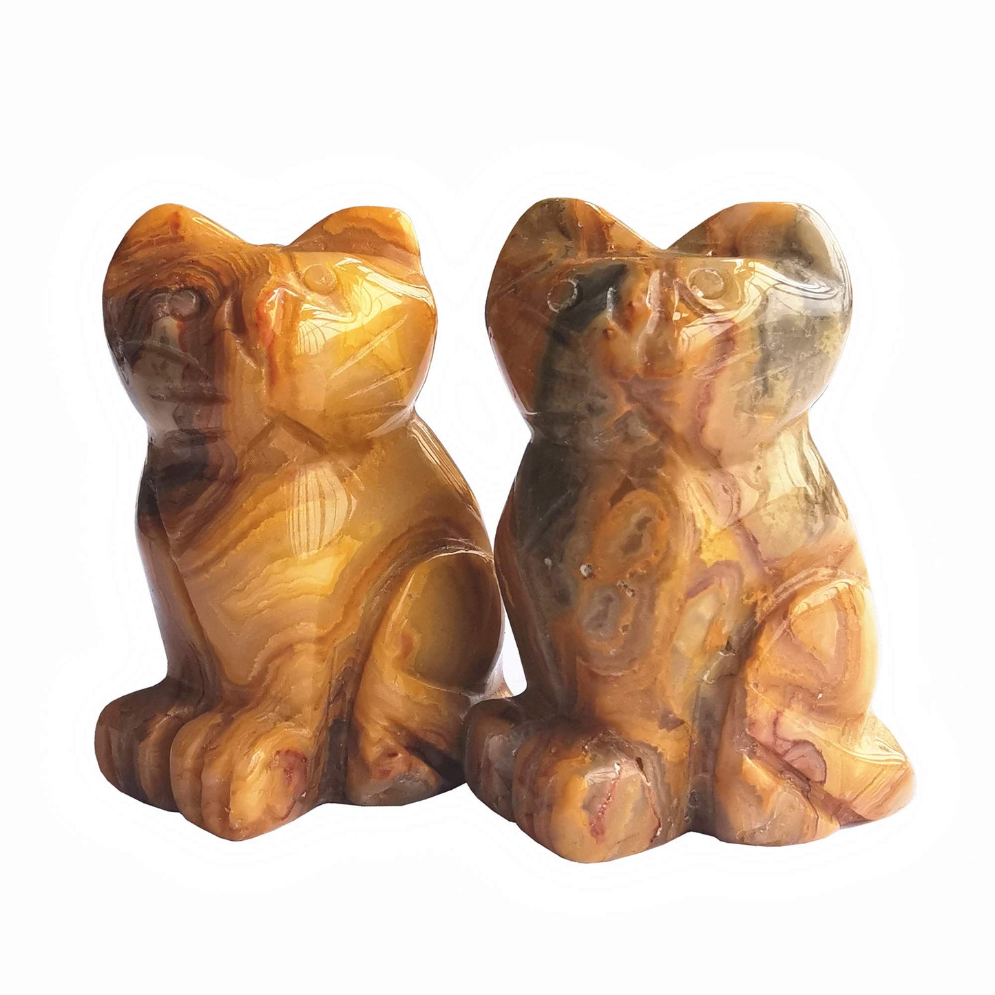 Gemgogo 2 Pcs Yellow Crazy Lace Agate Pocket Carved Lucky Cat Crystals and Healing Stones Figurines Collectibles,1.5 Inches Room Decor Gemstone