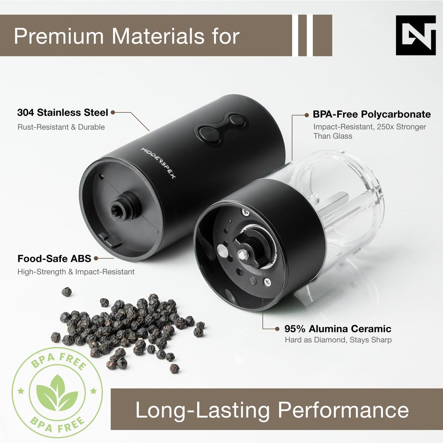 Electric Salt and Pepper Grinder Set USB-C Rechargeable, Dual-Speed Automatic Salt and Pepper Mills with 9 Adjustable Coarseness, Ceramic Burr, LED Light, Refillable, (Carbon Black)