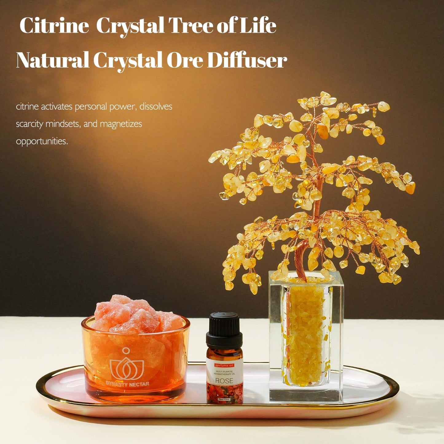 Runyangshi Citrine Crystal Tree of Life & Natural Crystal Ore Diffuser Set for Office Desk Living Room Home Decor Gemstone Tree for Money Positive Energy Feng Shui Good Luck Gift for Women and Mom