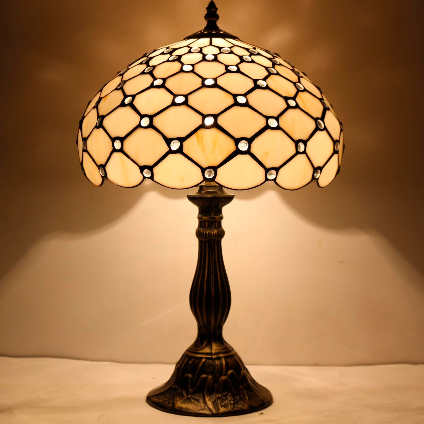 WERFACTORY Tiffany Lamp Cream Amber Stained Glass Bead Table Lamp 18 Inch