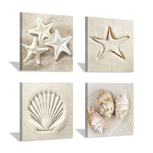 Hardy Gallery Coastal Serene Canvas Wall Art: Shells on Beach Sand Giclee Print Painting for Wall Decor for SPA Room (12''x12''x4pcs)