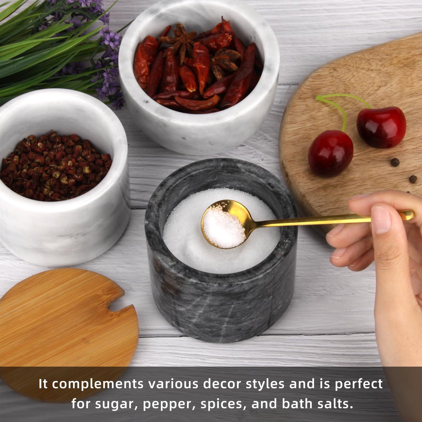 HESHIBI Marble Salt Cellar Box with Bamboo Lid & Metal Spoon, Modern Stone Salt or Pepper Sugar Spice Seasoning Bowl Container Jar Holder Well Keeper Dish Pig Crock for Kitchen (Dark Grey)