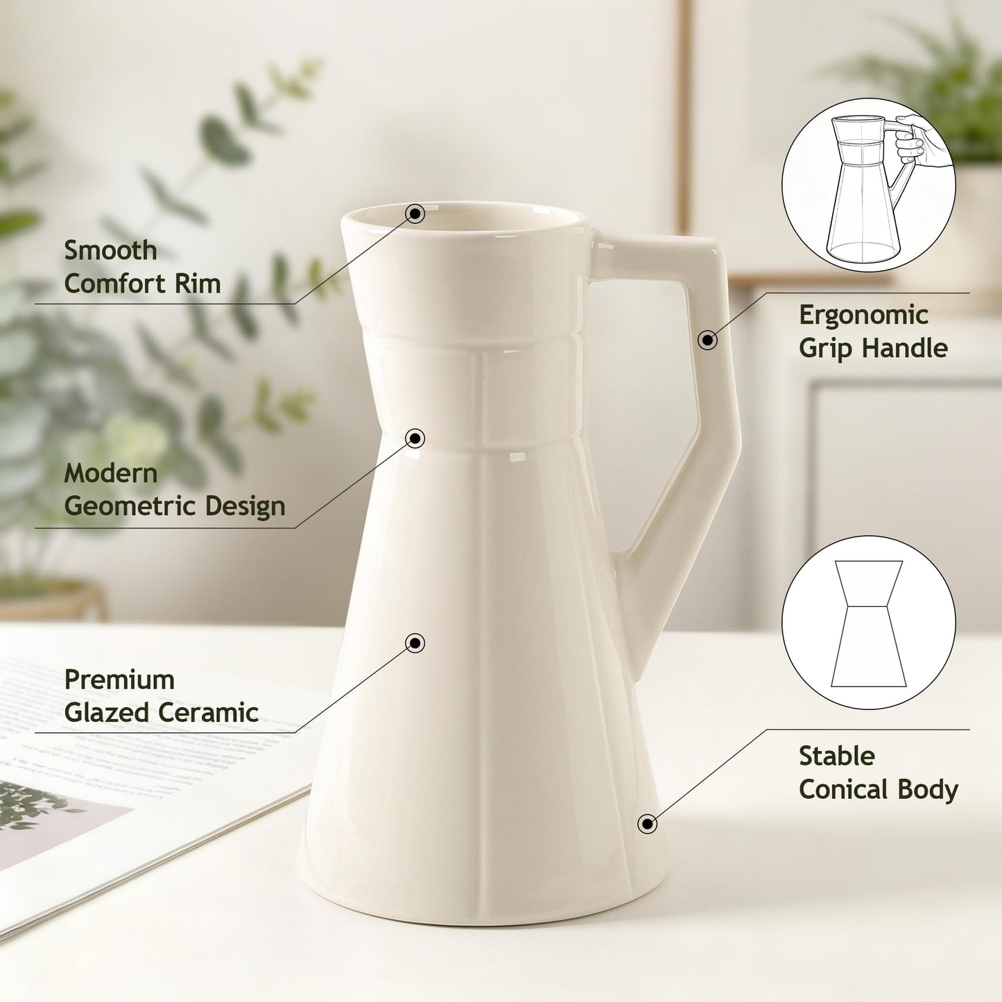 BosilunLife White Ceramic Vase with Handle, 7.87 Inch Tall Decorative Flower Vase for Bouquets, Glazed Farmhouse Vase for Living Room, Dining Table, Entryway and Shelf Decor