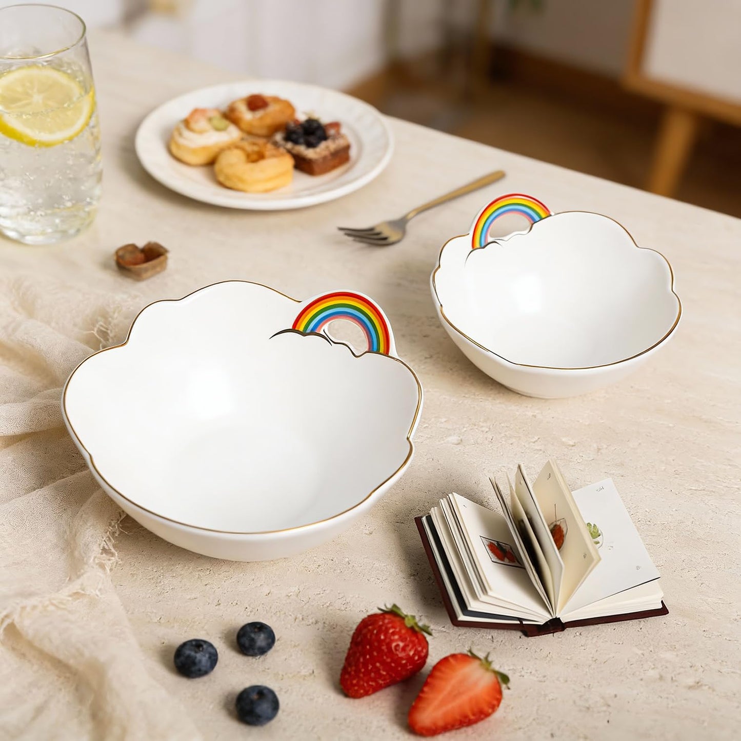 WAIT FLY Rainbow and Cloud Ceramic Salad Bowl, Dessert Bowls, Serving Bowls for Cereal Soup Snacks Appetizer-White-5.5 Inch