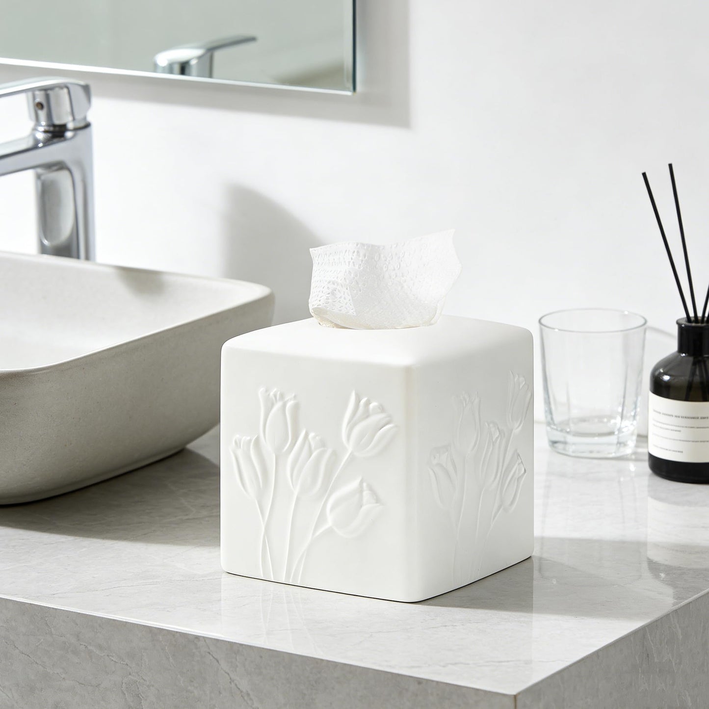 White Ceramic Tulips Tissue Box Cover - Modern Square Decorative Organizer for Facial Tissues, Farmhouse Style Home Decor for Bathroom, Bedroom, Living Room & Office
