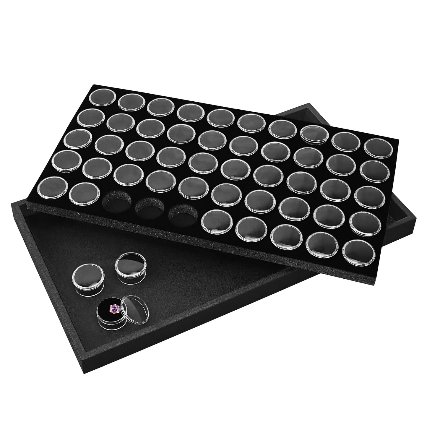 Ikee Design Black Foam Gem Jars Showcase Stackable Display Tray for Collectibles, Home Organization Storage Box with 50 Gemstones and Bead Storage Jars