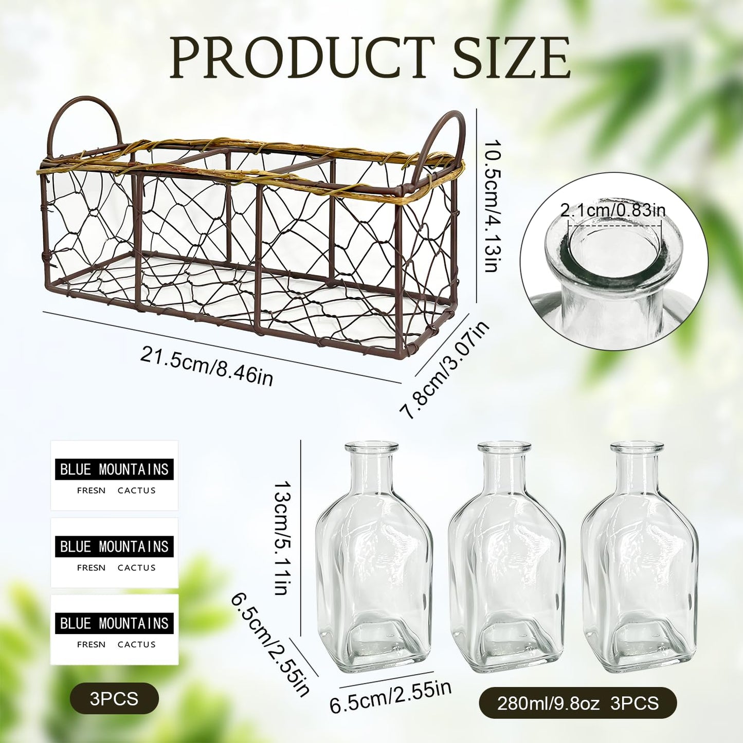 Plant Propagation Stations with Metal Stand, Willow-Woven Wire Mesh Retro Glass Planter for Hydroponic Propagating, Desktop Terrarium Flower Vase for Home Kitchen Office Decor Gifts, 3 Jars