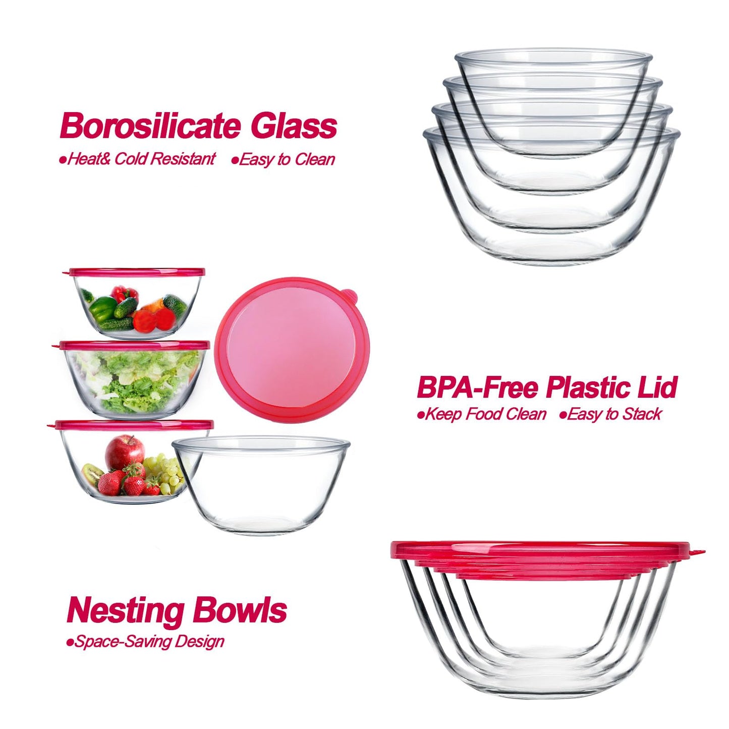 KOMUEE 4 Pack Glass Mixing Bowls Set with Lids (4.8QT, 2.9QT, 1.7QT, 0.8QT), Glass Nesting Bowls for Kitchen Baking, Cooking and Serving, Oven, Dishwasher, Freezer, and Microwave Safe