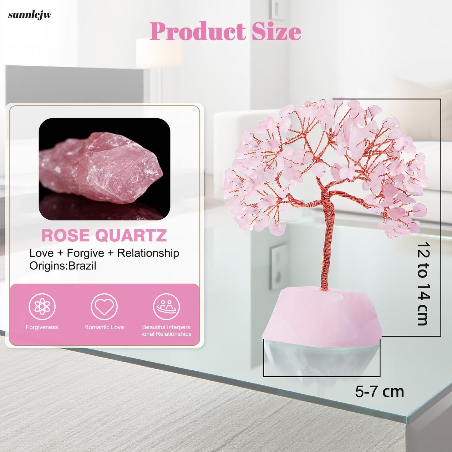 Sunnlejw Rose Quartz Crystal Tree of Life, Chakra Tree Gifts for Women Pink Room Decorations,Crystals and Healing Stones Reiki Positive Energy, Feng Shui Office Desk Decor Meditation Pink Crystal