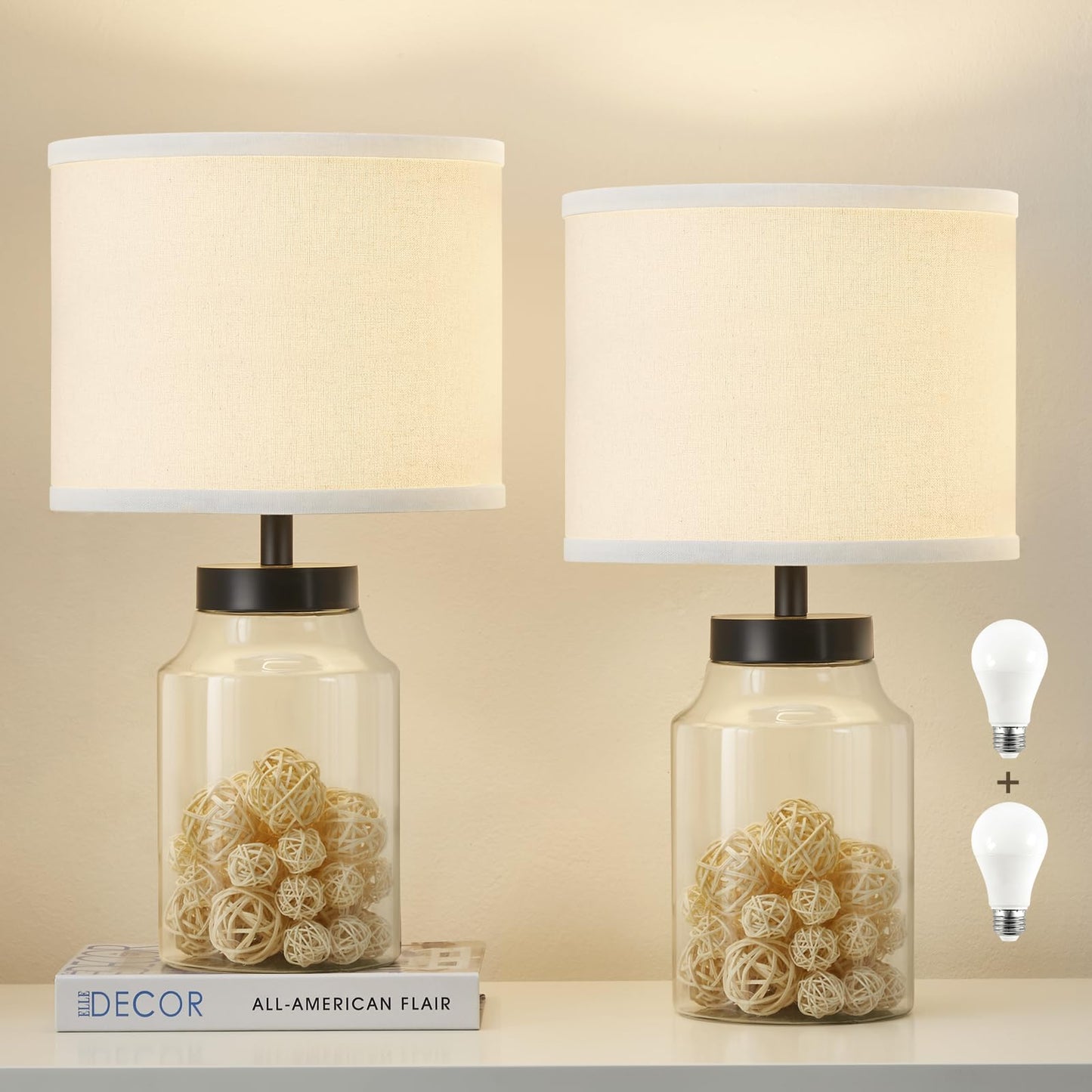 GyroVu Fillable Table Lamp,Bedside Lamp with Clear Glass Fillable Modern Table Lamp with White Lampshade Beside Lamp for Living Room Bedrooms Office Bulbs Included(White)