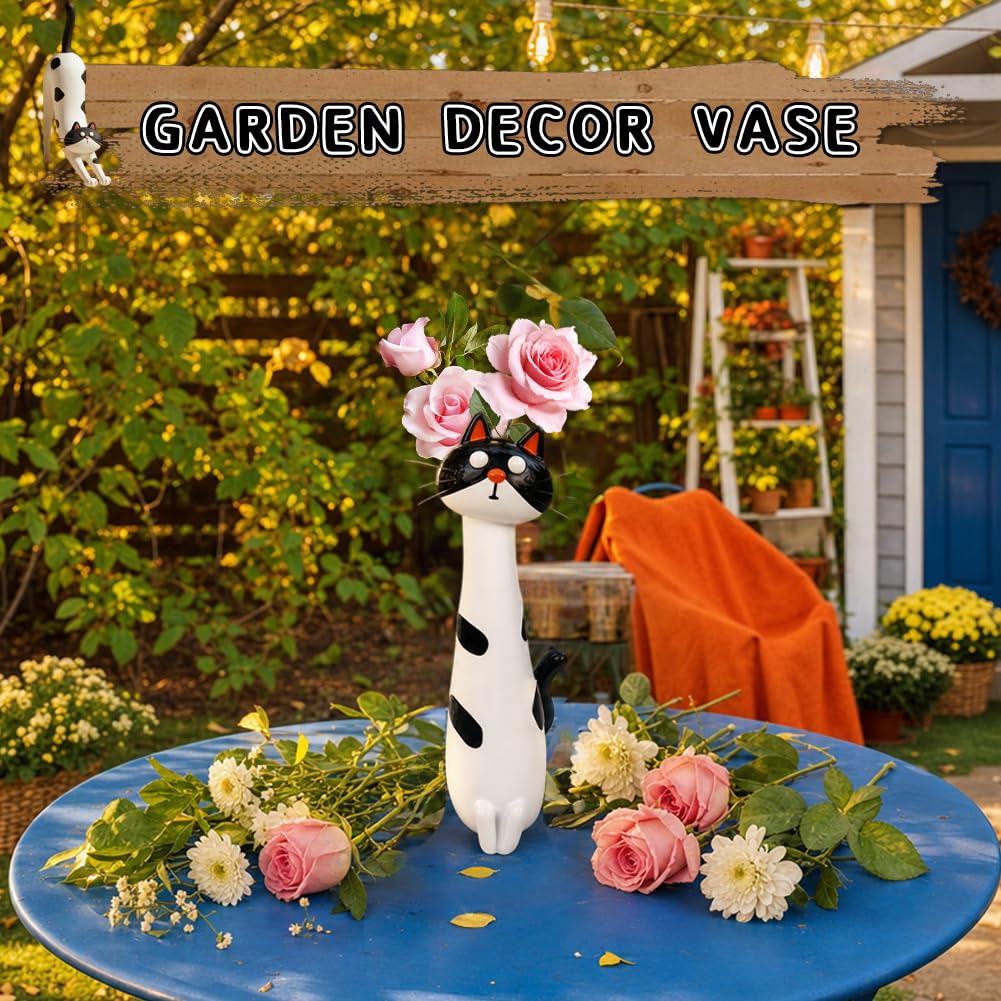Handcrafted Quirky Cat Vase,Cute Cat Vase Resin Figurine,Small Kitty Planter Decorative Boho Desk Ornament Home Office Bookshelf Flower Pot for Cats Lovers (White)