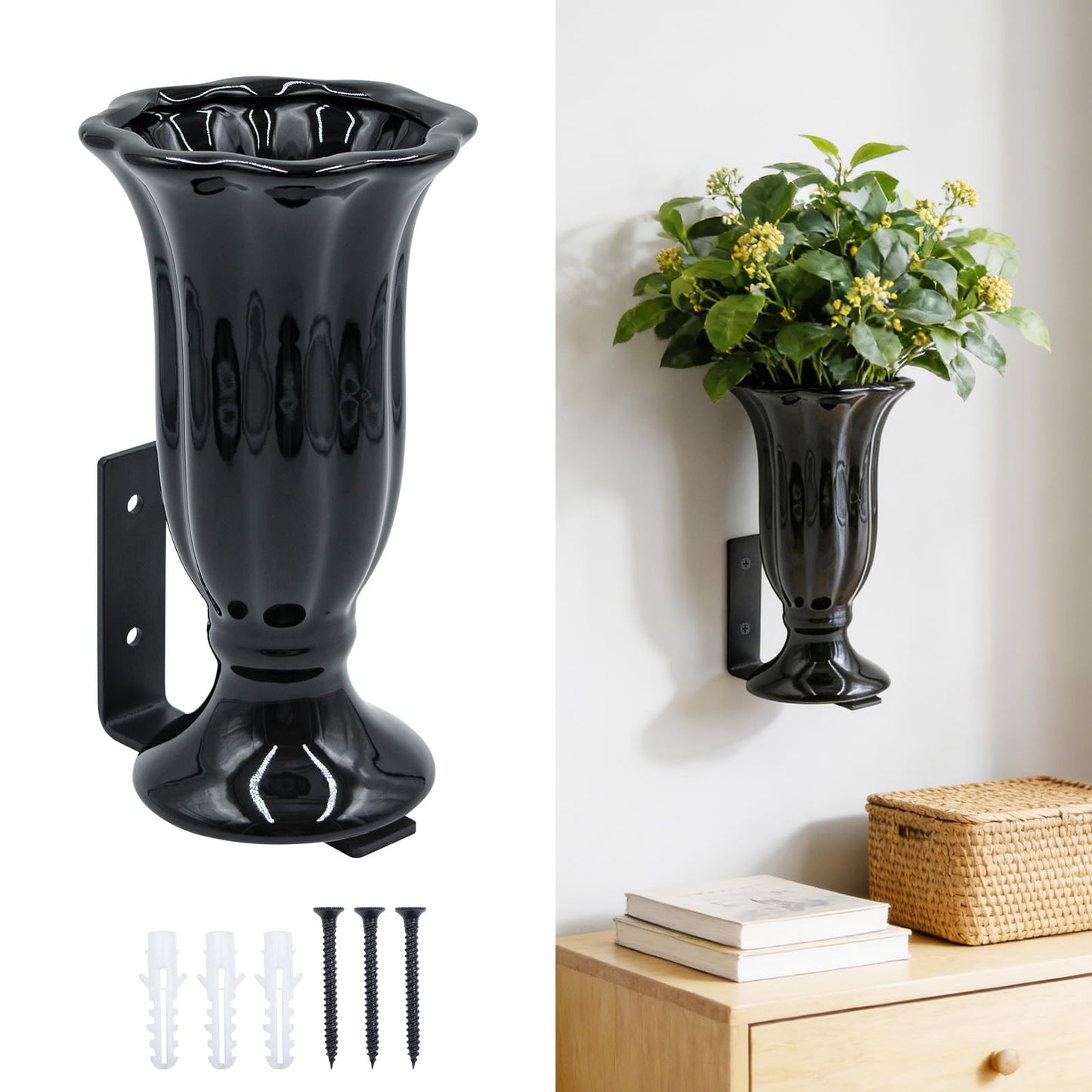 Modern Floating Wall Vase - Matte Black Ceramic Flower Vase with L-Shaped Metal Bracket - Minimalist Wall Mounted Planter for Fresh or Dried Flowers, Home Decor for Living Room, Bedroom, Entryway
