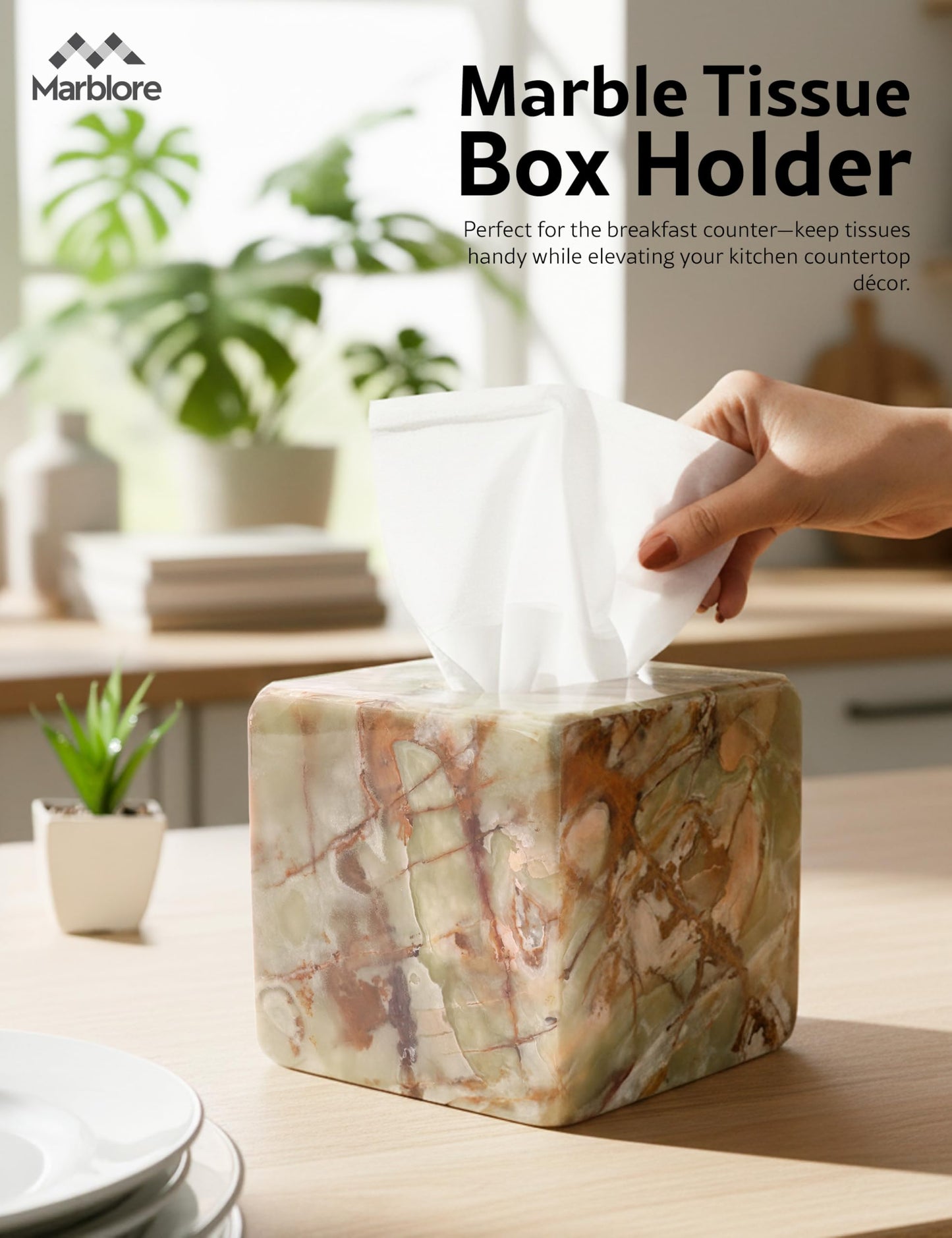 Marble Tissue Box Holder 5.5" Inch Green Tissue Box Cover Perfect for Room Decor, Bathroom Organizer, and Vanity Organizer, Home Office Table Top Decorative Box