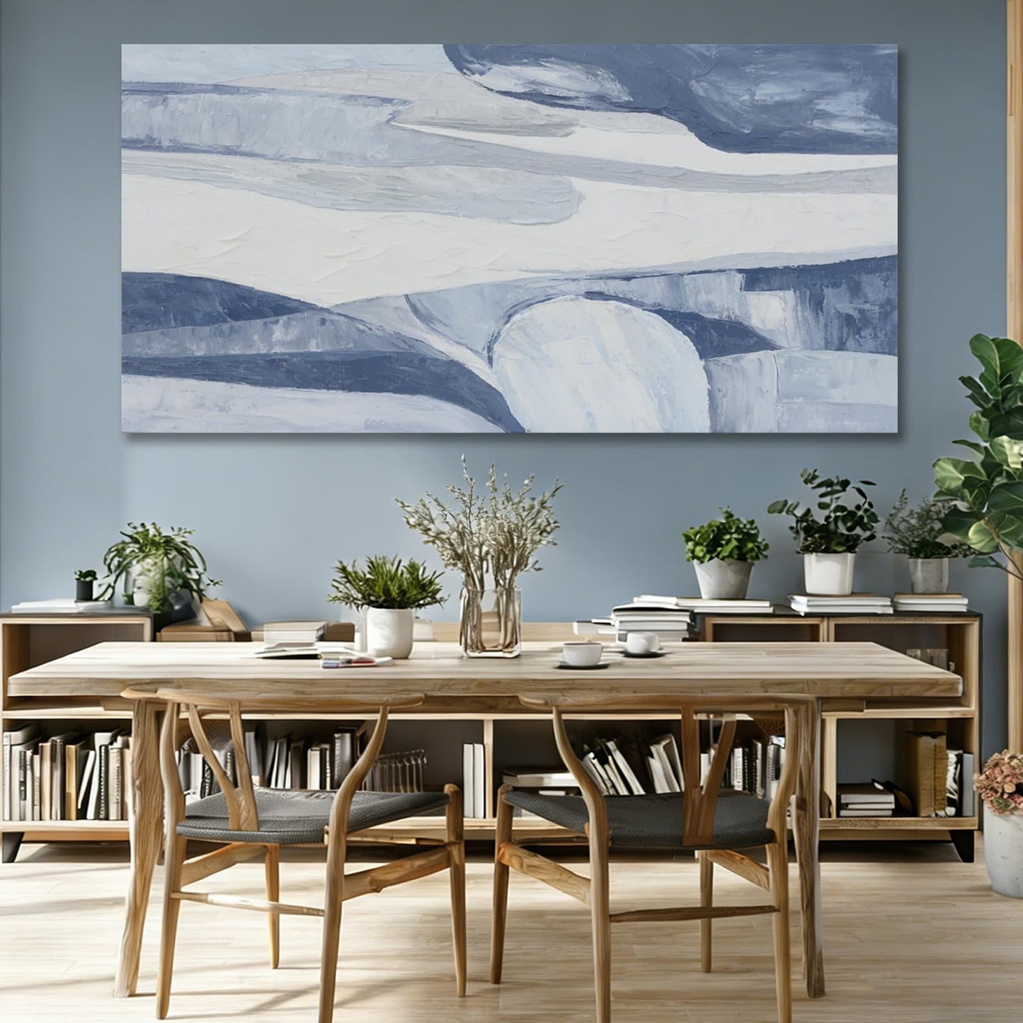 Hue7Art Abstract Blue and White Canvas Wall Art Contemporary Minimalist Landscape Artwork with Flowing Lines for Living Room Bedroom Office Entryway Wall Decor 29x58 Inch