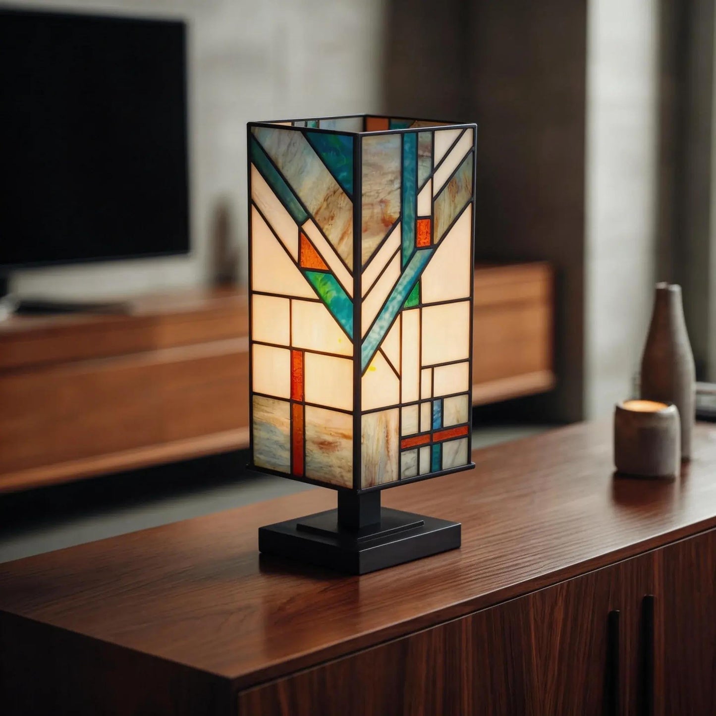 NOCTAVERA Tiffany-Style Table Lamp, Mission-Design Stained Glass