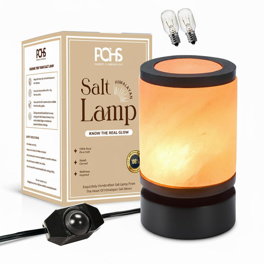 POHS Himalayan Pink Salt Round Lamp with Premium Black Polished Wooden Base, 60'' Long Dimmer Switch Cord and Two Light Bulbs; Hand Crafted,for Home, Office and Gift for Christmas