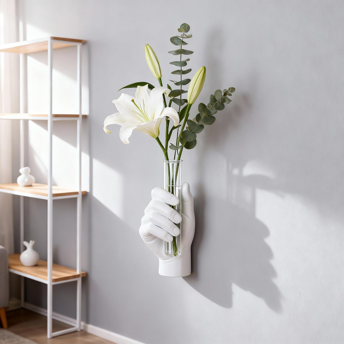 Hand Wall Sculpture with Vase – Unique Resin Art, Wall-Mounted Flower Vase, Modern Decor for Living Room, Office, Apartments, Stylish Home, Elegant Interior, Contemporary Decoration (White)