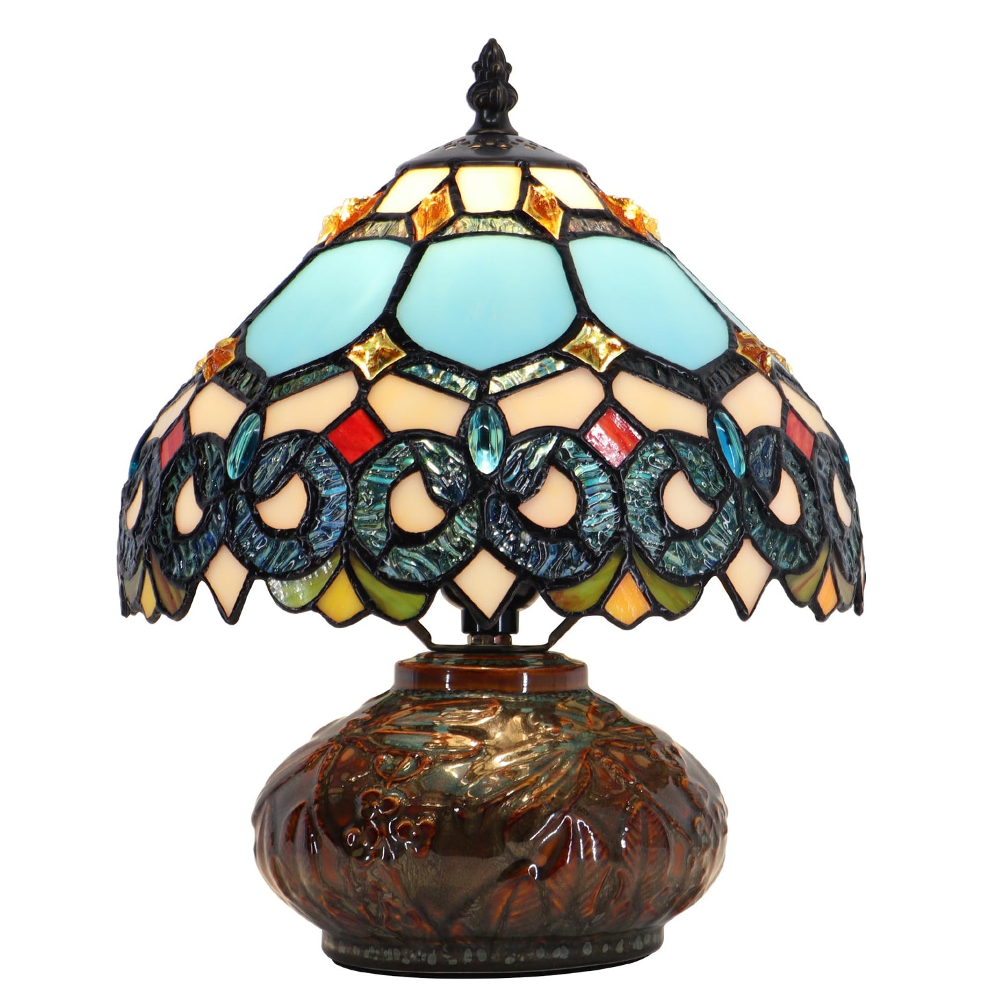 LXHCYOU Small Tiffany Table Lamp, 10X10X11 Inch Mini Stained Glass Mushroom Desk Light Memory Sympathy Ceramic lamp (Sapphire Style)