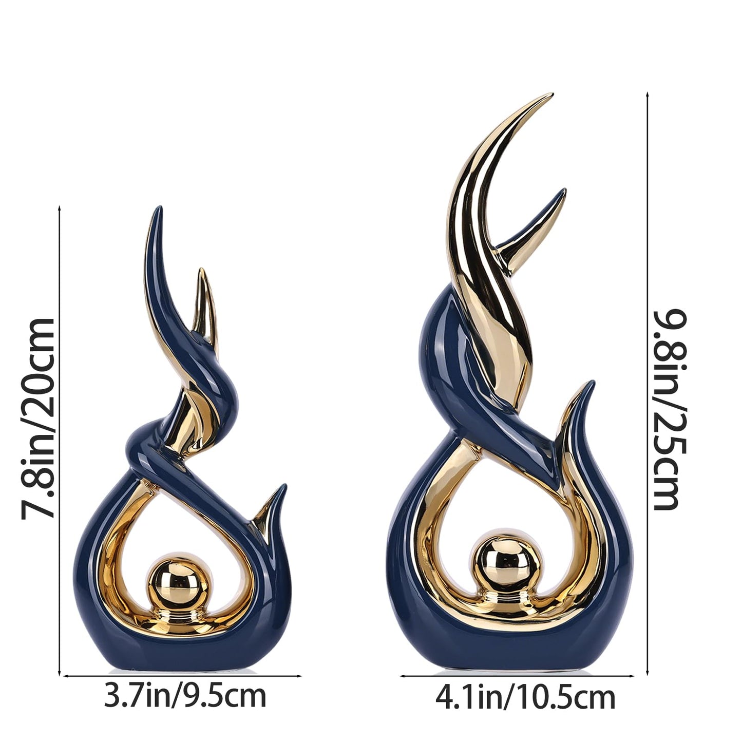 Blue and Gold Ceramic Abstract Sculpture Set of 2 Modern Medieval Style Sculpture Ideal for living room decor Serves as tabletop ornament for coffee tables, TV stands, mantelpieces, and entryways.