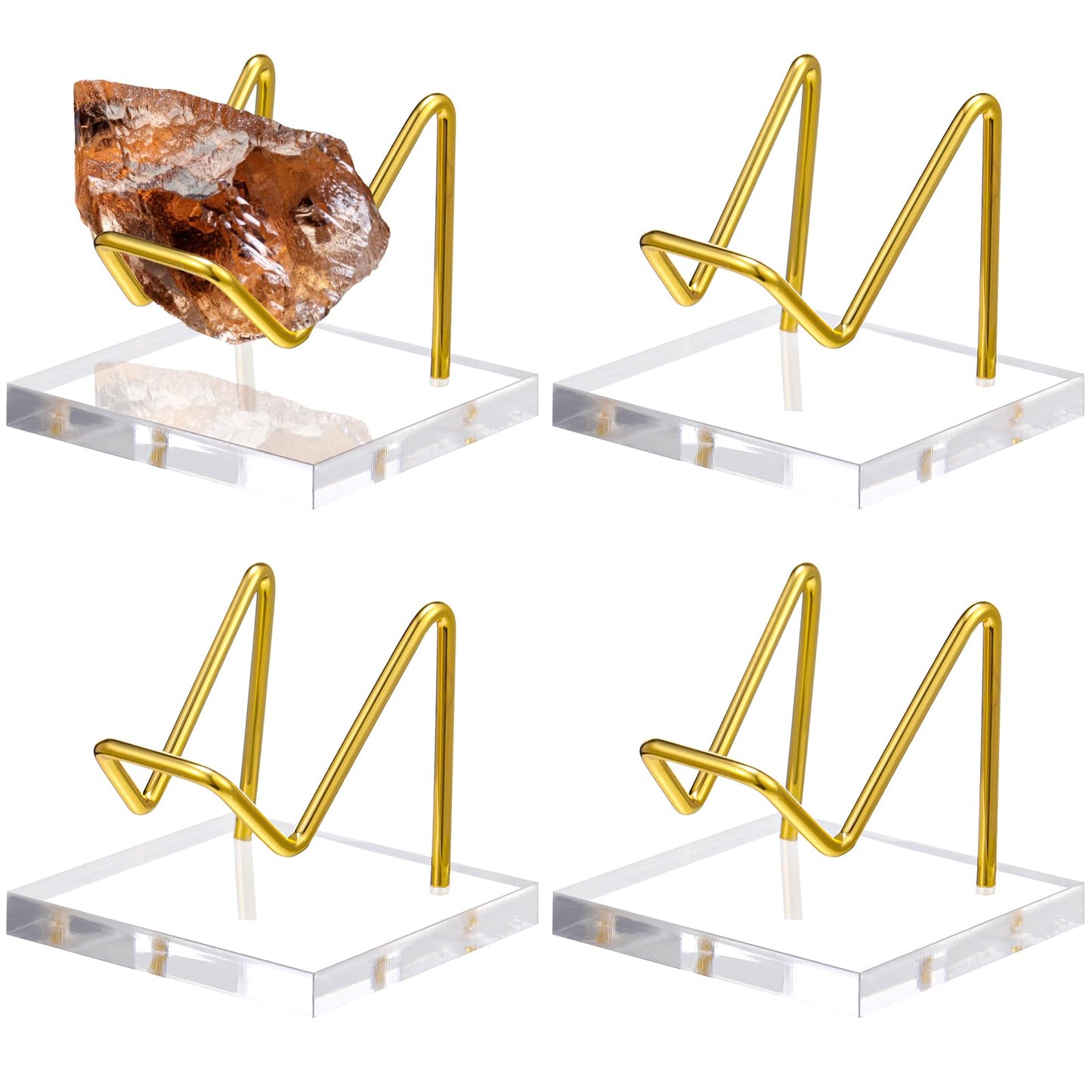 Wenqik 4 Pcs Metal Crystal Display Stand Rock Holder Crystal Display Shelf with Metal Arms Acrylic Pedestal Base for Mineral Gemstone Agate Fossil Coral Geode Jewelry Collectible(Gold,2 x 2 x 1.8)